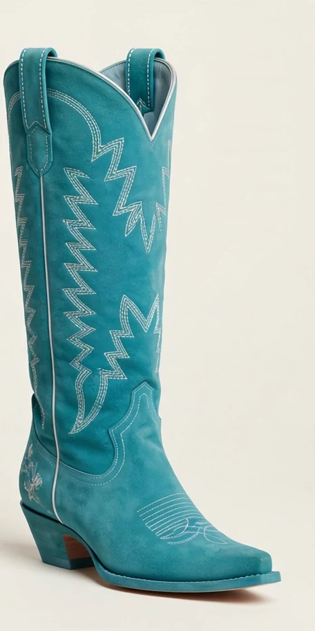 Coastal Blue turquoise suede cowboy boot with white stitching