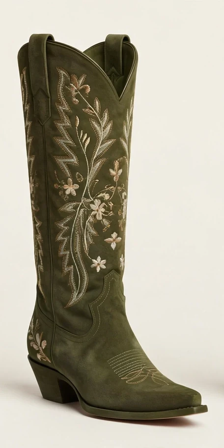 Lucky Dust olive green cowboy boot with embroidery