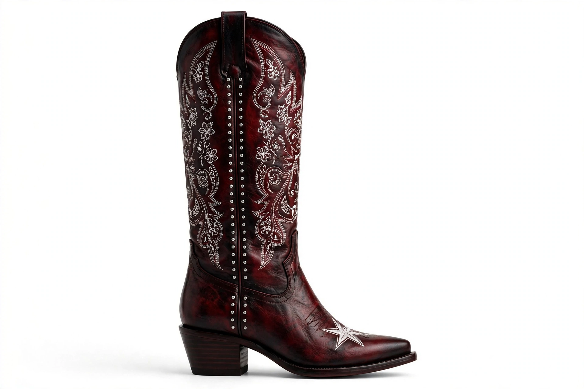 Midnight Marquee black cherry cowboy boot with white embroidery, silver studs and an embroidered star on the vamp