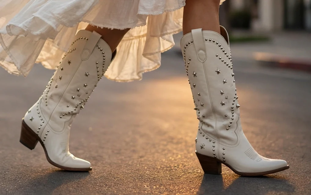 Stevie ivory leather cowboy boots with silver studs, worn with a flowing dress
