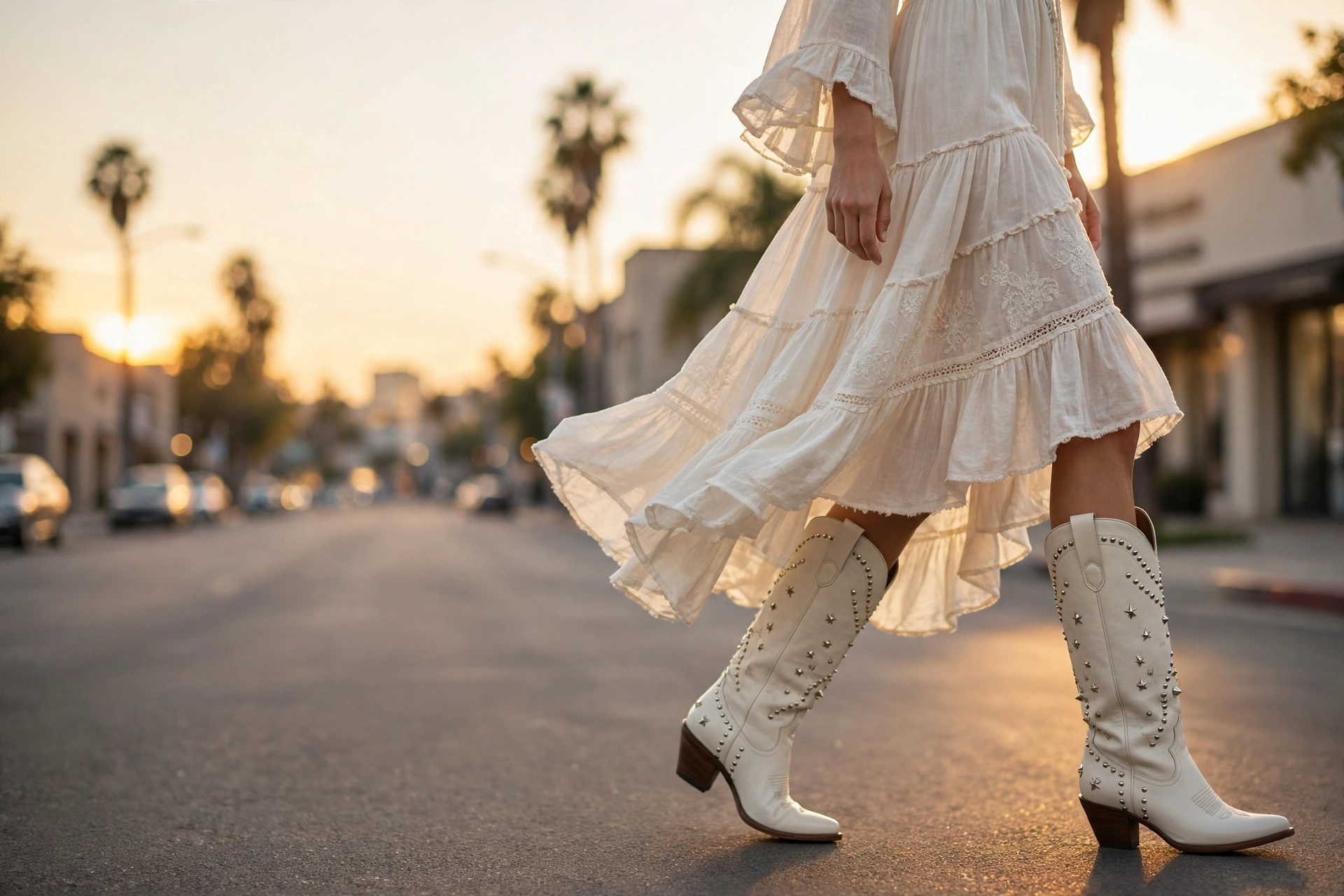Ivory studded Delraé cowboy boots worn with a flowing dress on a Los Angeles street at sunset