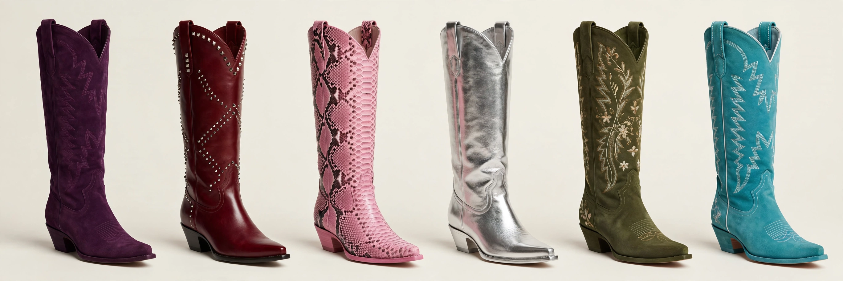 The Delraé first collection lineup: purple suede, cherry red, pink snakeskin, metallic silver, olive and turquoise cowboy boots
